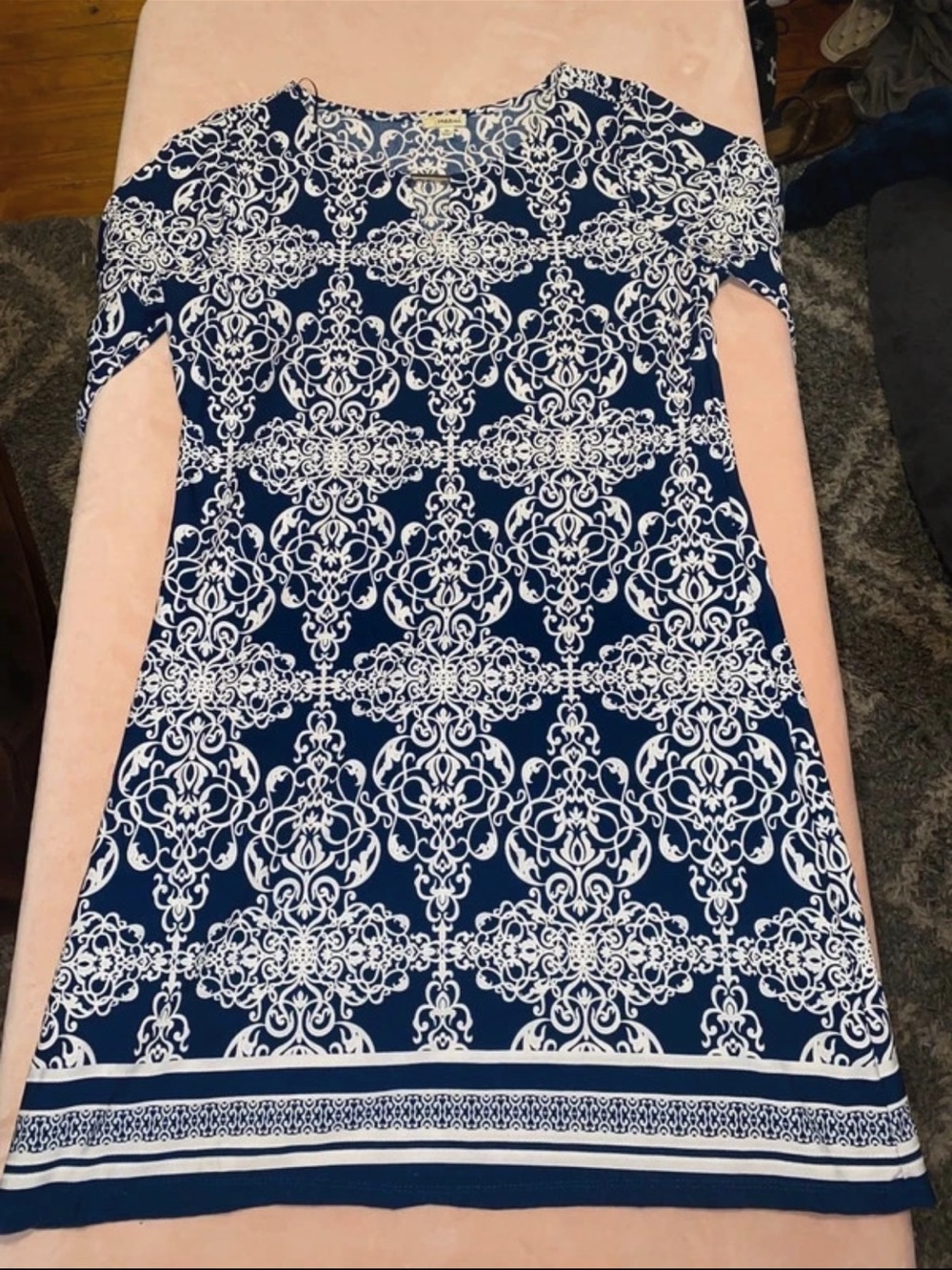 Haani Navy and White Midi Dress with Ornate Print